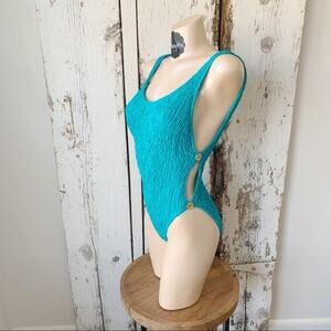 Vintage Victoria secret teal one piece high leg side button sexy swimsuit